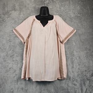 J.Jill Women L Pink Linen Blend Embroidered Tunic Blouse Boho Peasant Top